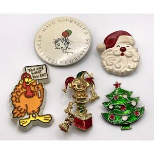 Lot of 5 Vintage Holiday Pins Hallmark Turkey Avante Jester Christmas Tree Santa